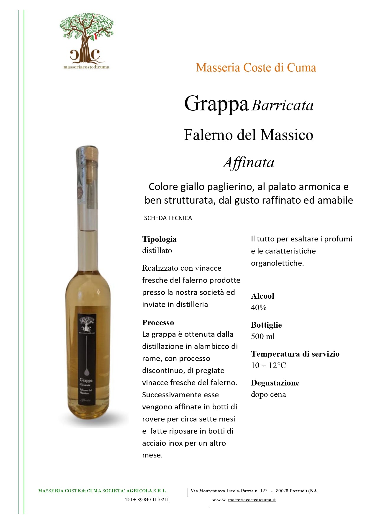 GRAPPA BARRICATA FALERNO DEL MASSICO - 50CL - MASSERIA COSTE DI CUMA