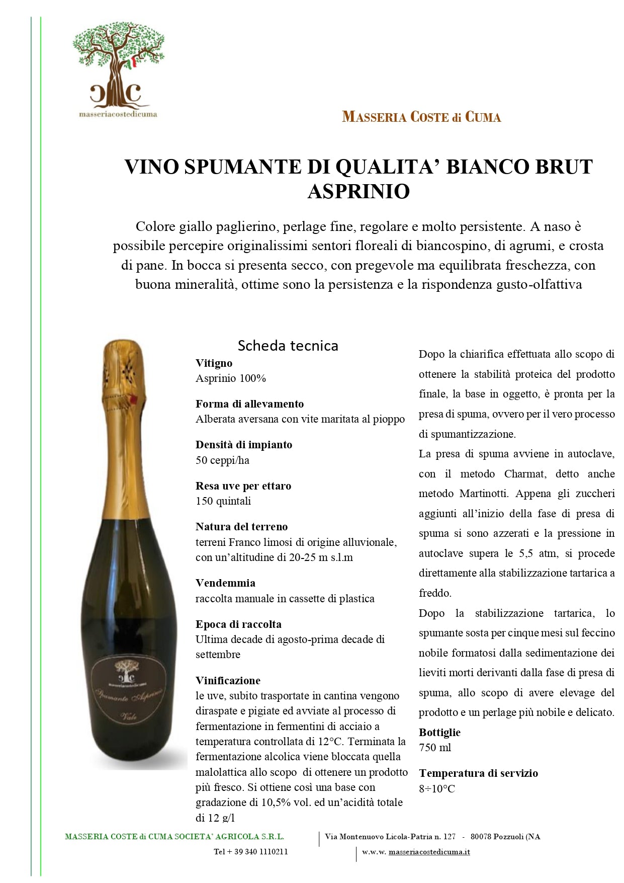VINO SPUMANTE BIANCO ASPRINIO BRUT - 75CL - MASSERIA COSTE DI CUMA