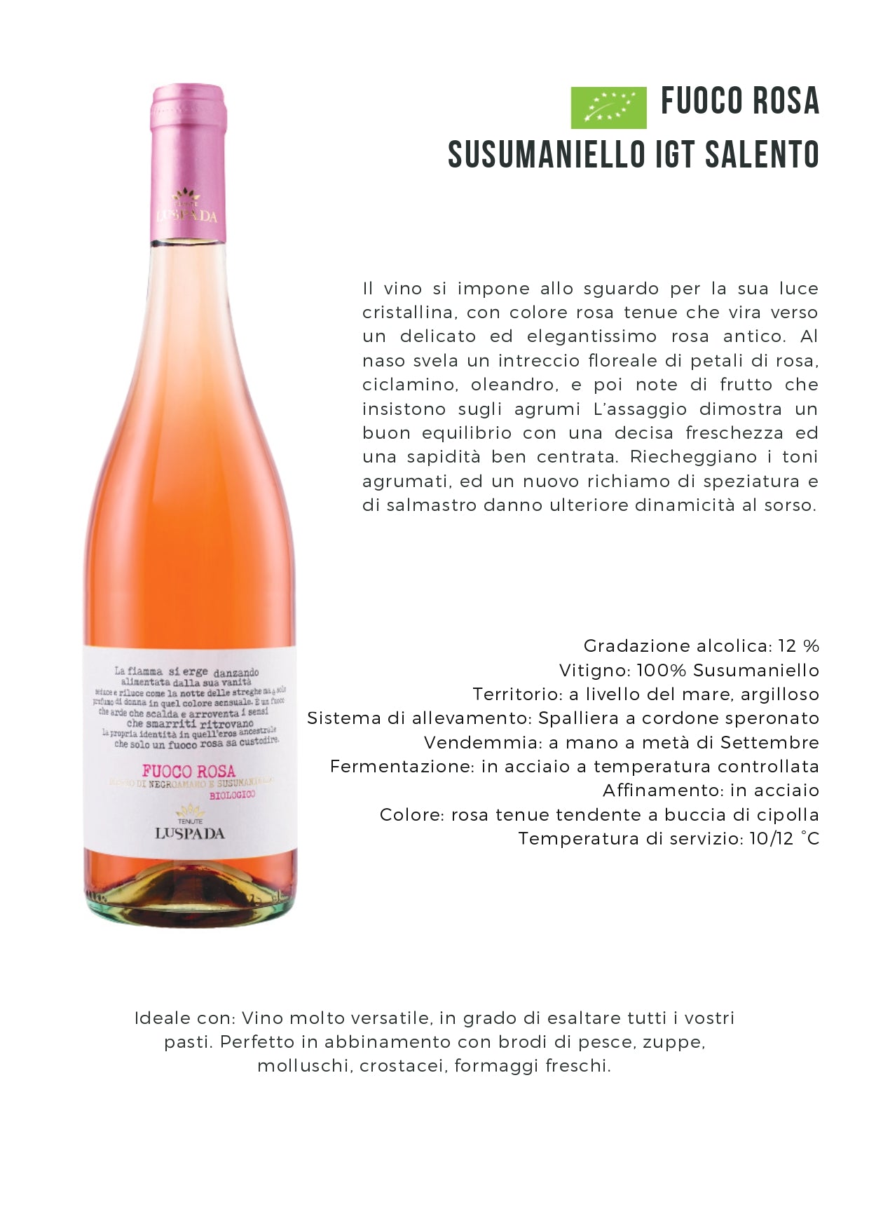 FUOCOROSA - SUSUMANIELLO ROSATO SALENTO BIO IGT - 75CL - TENUTE LU SPADA