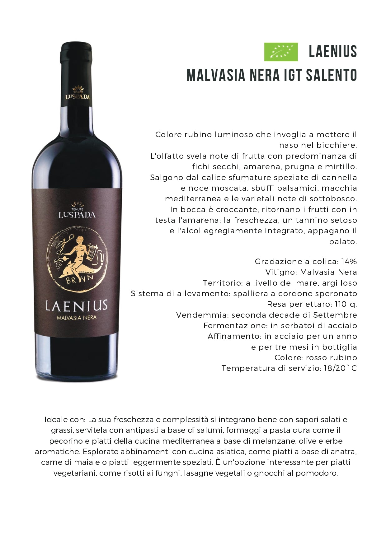 LAENIUS - MALVASIA NERO BIO IGT SALENTO - 75CL - TENUTE LU SPADA
