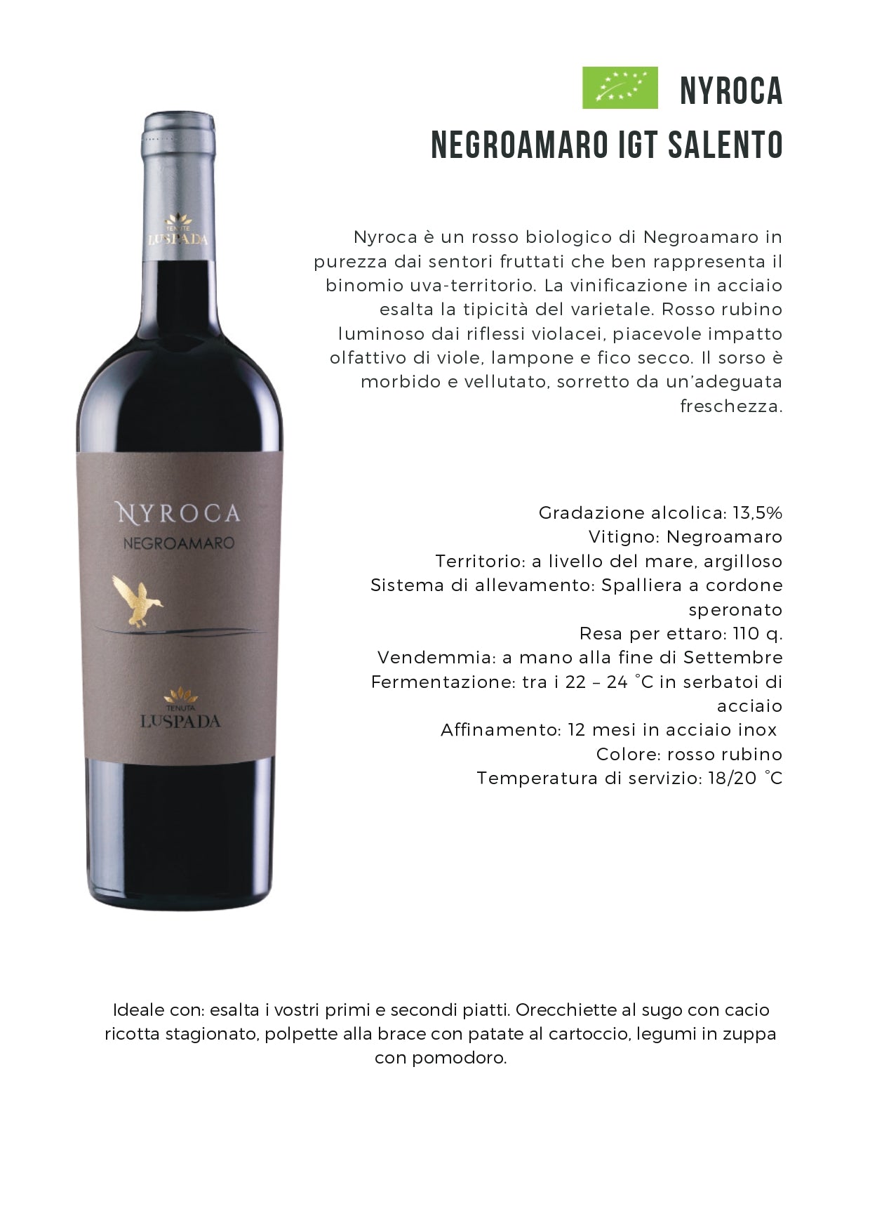 NYROCA - NEGROAMARO SALENTO BIO IGT - 75CL - TENUTE LU SPADA