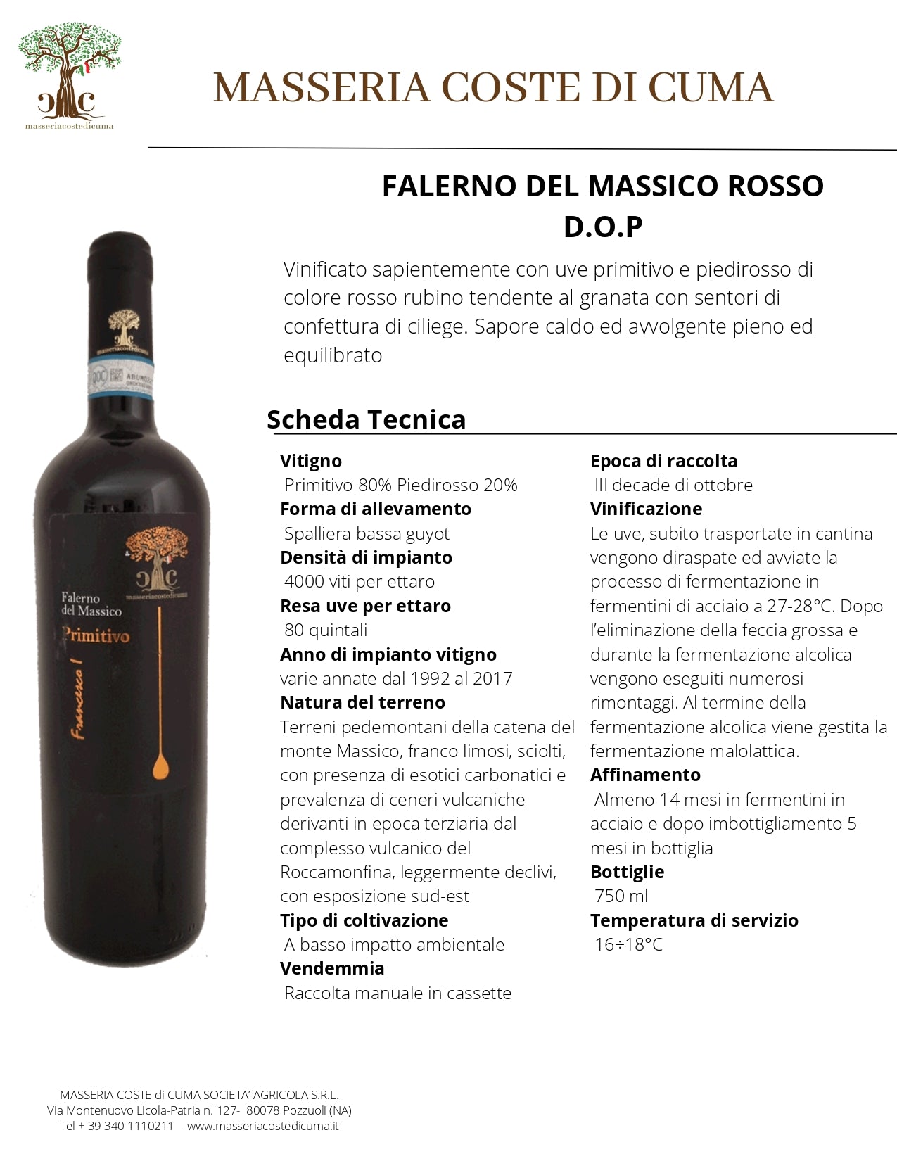 VINO ROSSO FALERNO DEL MASSICO PRIMITIVO ROSSO D.O.P - 75CL - MASSERIA COSTE DI CUMA