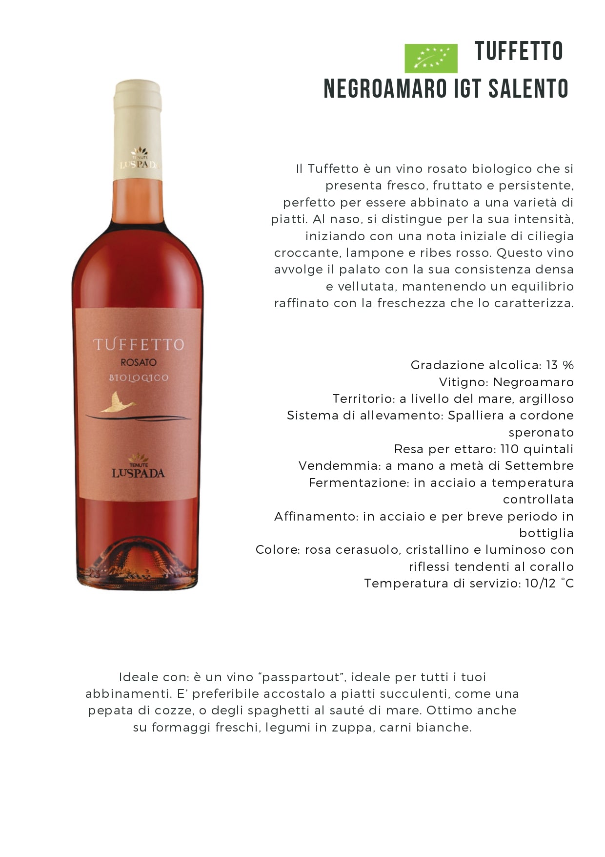 TUFFETTO - NEGROAMARO SALENTO ROSATO BIO IGT - 75CL - TENUTE LU SPADA