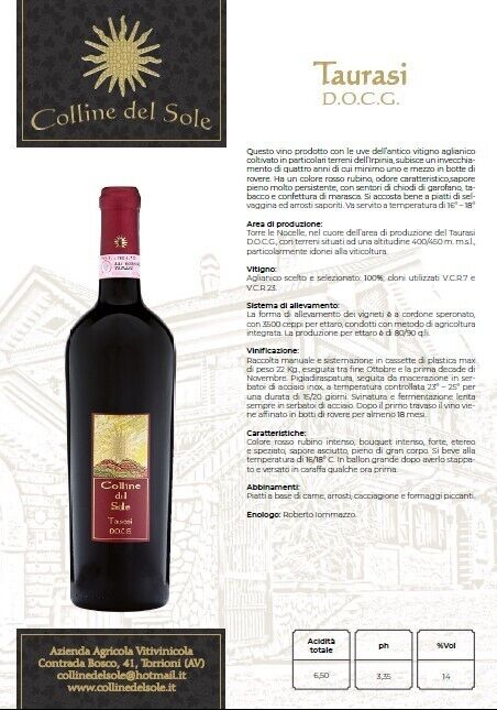 VINO ROSSO TAURASI DOCG - 75CL - COLLINE DEL SOLE