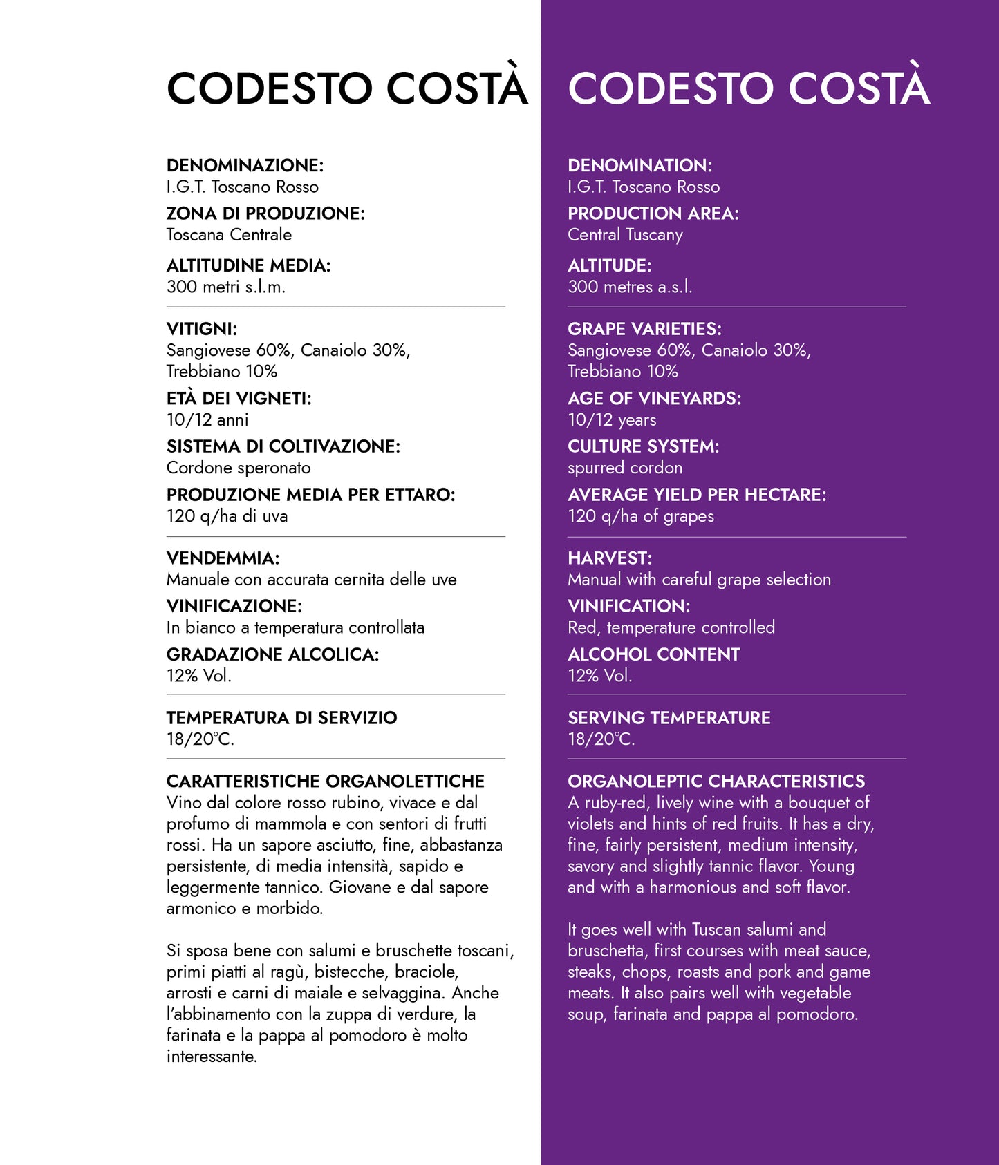 VINO ROSSO CODESTO COSTA' COLDIBACCO IGT - 75CL - CANTINE CECCONI