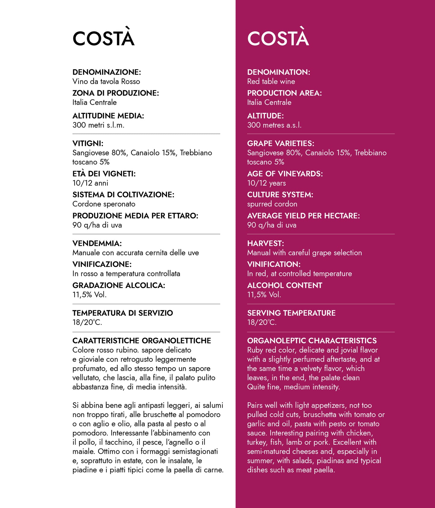 VINO ROSSO COSTA' COLDIBACCO VDT - 75CL - CANTINE CECCONI