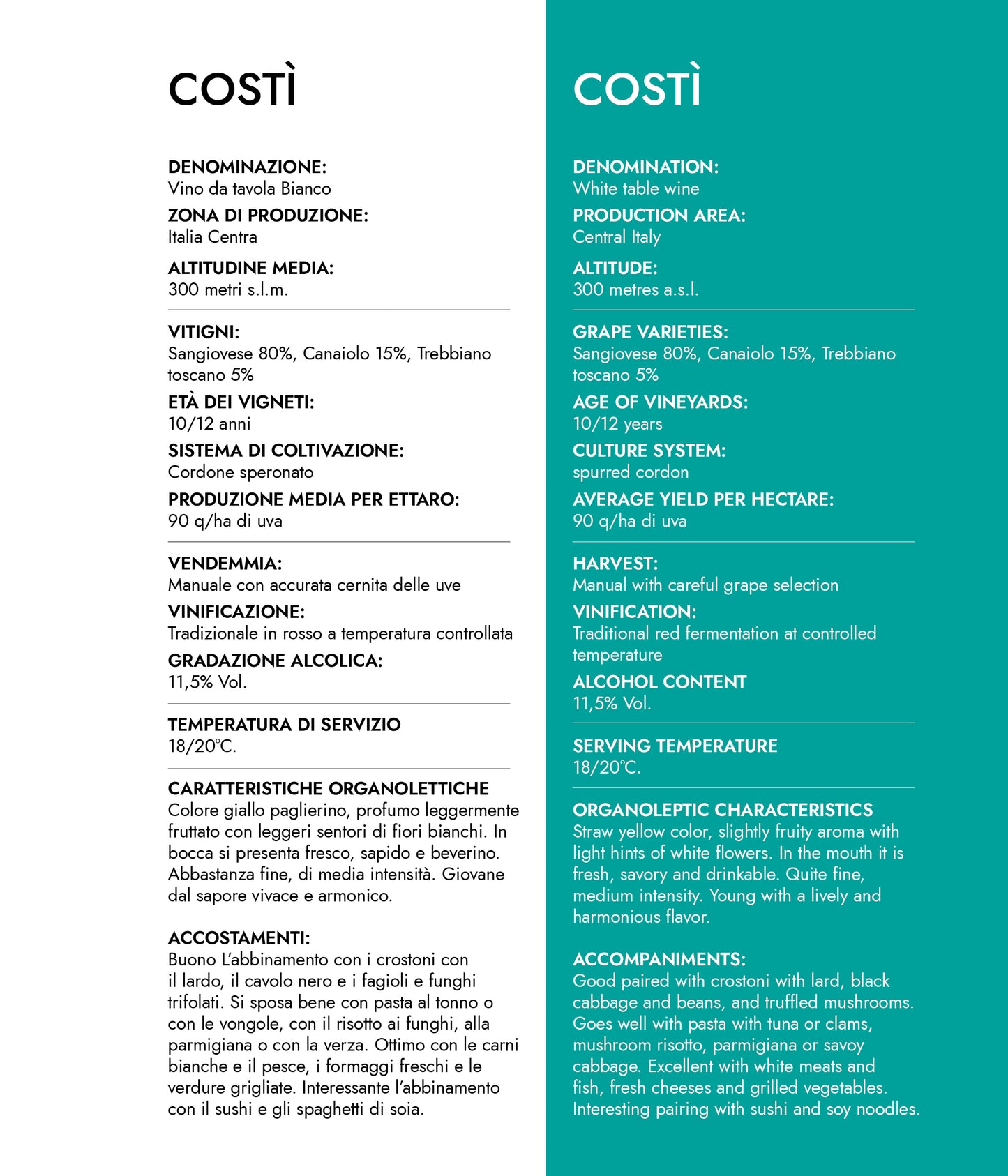 VINO BIANCO COSTI' VDT - 75CL - CANTINE CECCONI