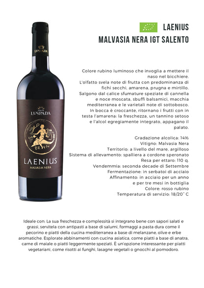 LAENIUS - MALVASIA NERO BIO IGT SALENTO - 75CL - TENUTE LU SPADA
