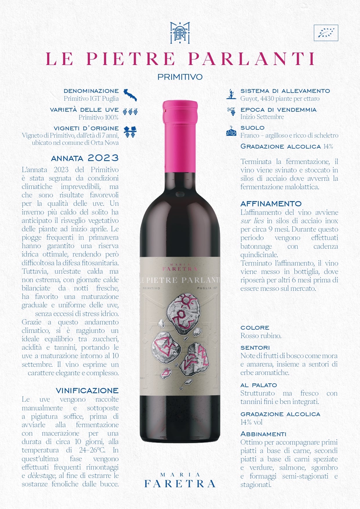 VINO ROSSO PRIMITIVO LE PIETRE PARLANTI - 75CL - MARIA FARETRA