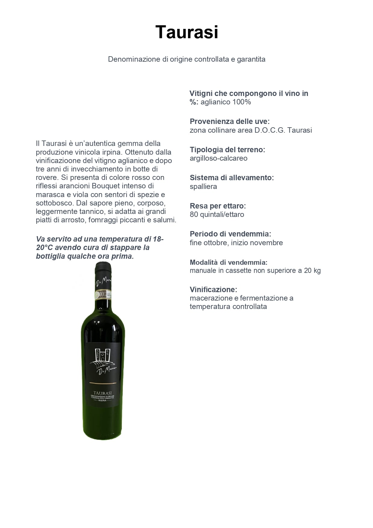 TAURASI RISERVA DOCG - 75CL - CANTINA DI MARCO