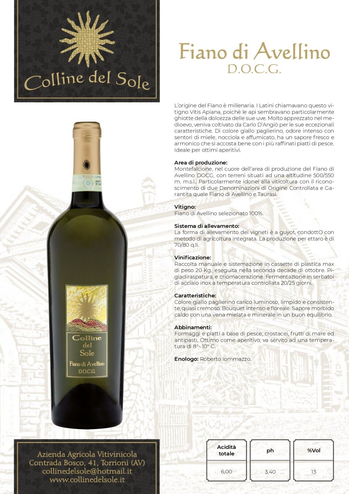 VINO BIANCO FIANO DI AVELLINO DOCG - 75CL - COLLINE DEL SOLE