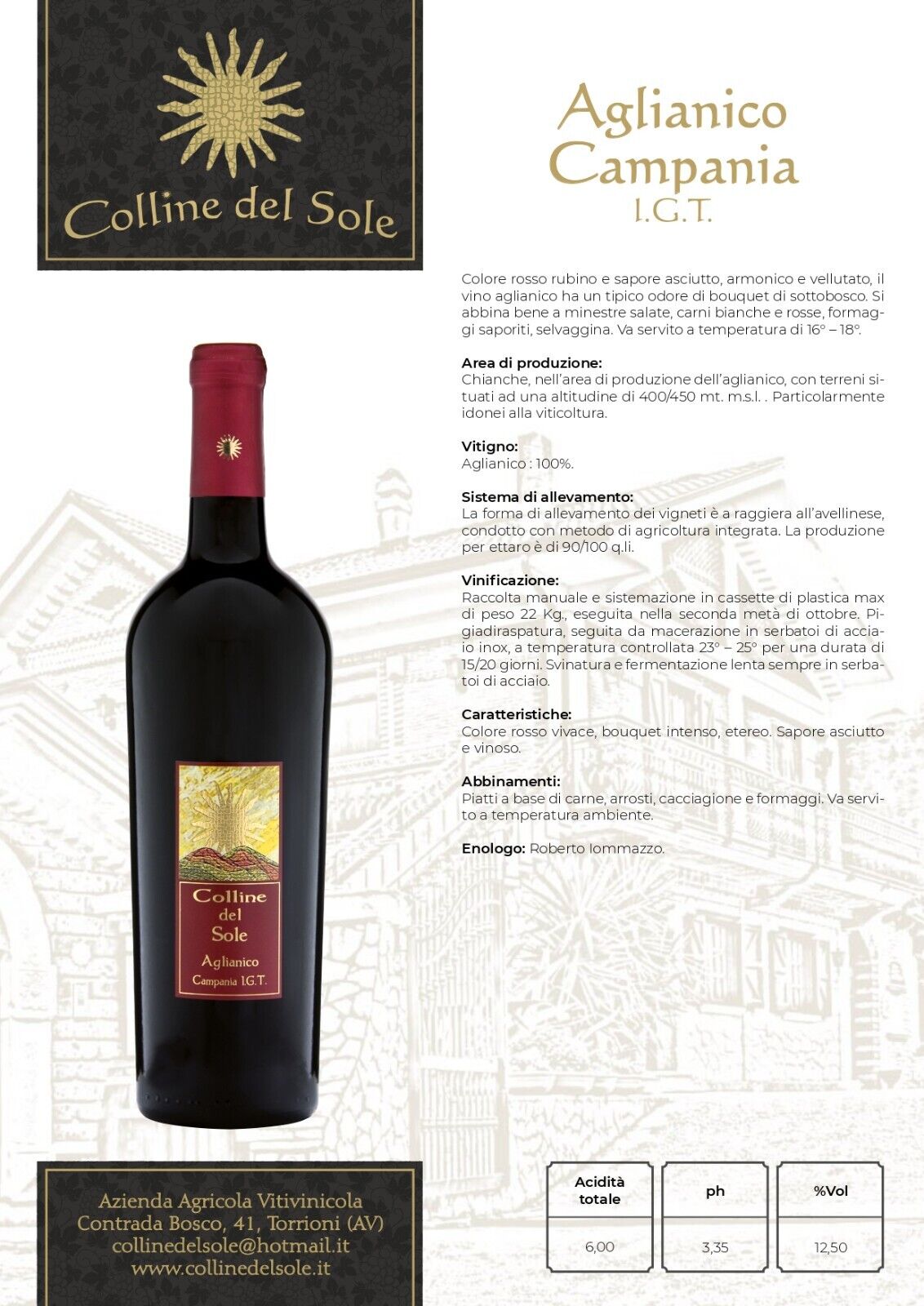 VINO ROSSO AGLIANICO CAMPANIA IGT - 75CL - COLLINE DEL SOLE