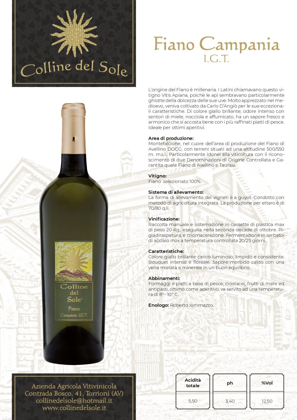 VINO BIANCO FIANO CAMPANIA IGT - 75CL - COLLINE DEL SOLE