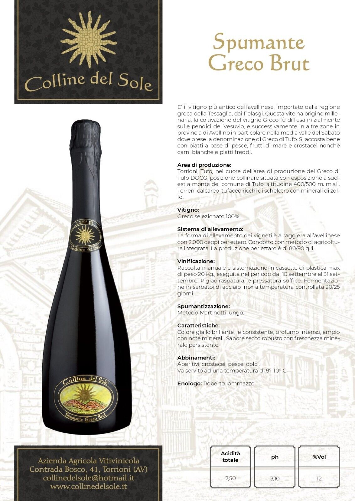 VINO SPUMANTE GRECO BRUT - 75CL - COLLINE DEL SOLE
