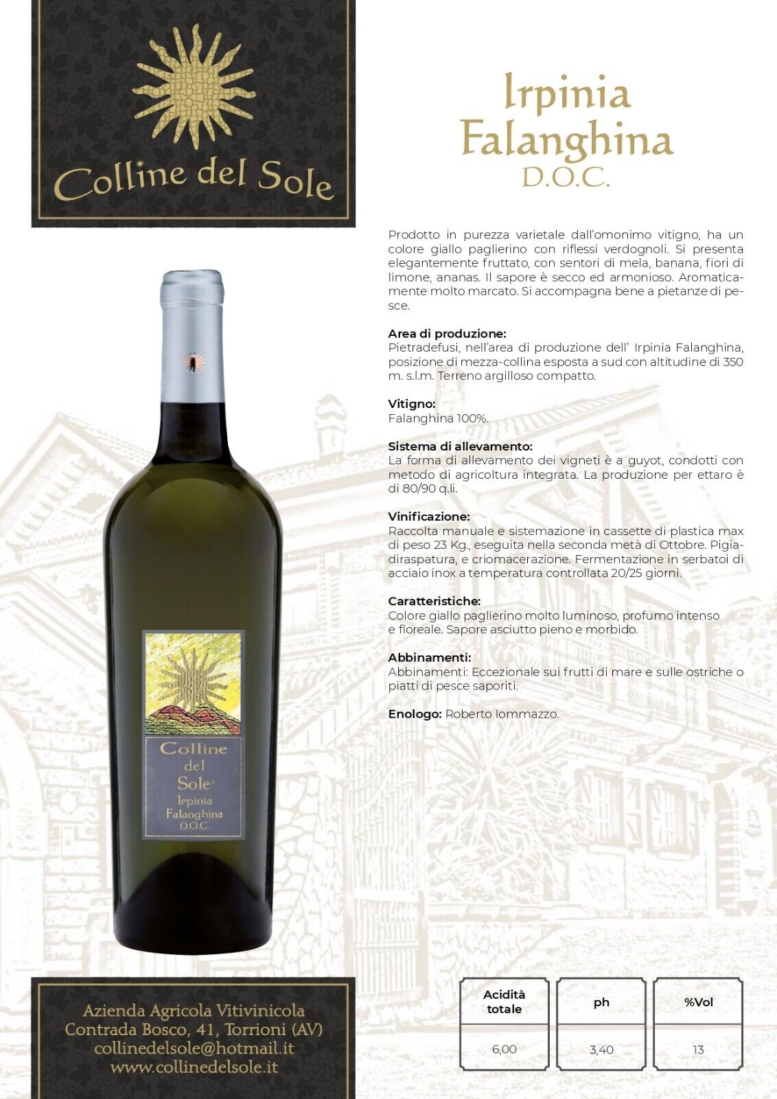 VINO BIANCO IRPINIA FALANGHINA DOC - 75CL - COLLINE DEL SOLE