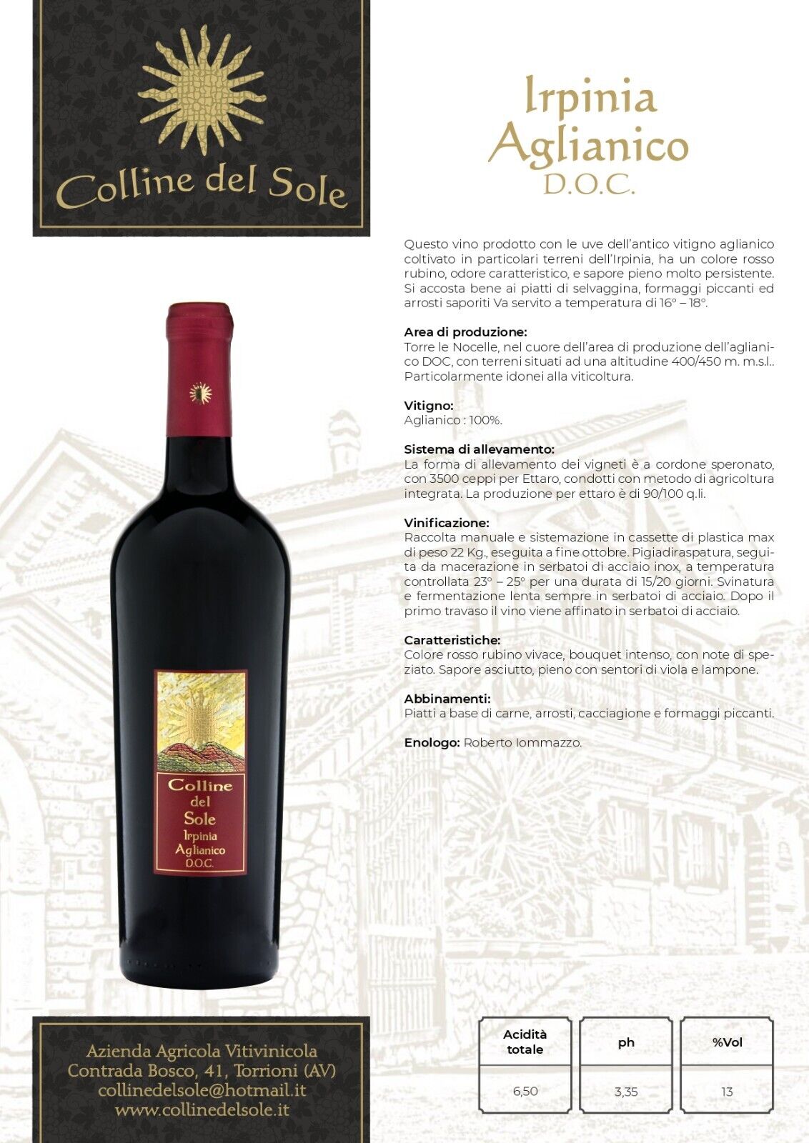 VINO ROSSO IRPINIA AGLIANICO DOC - 75CL - COLLINE DEL SOLE